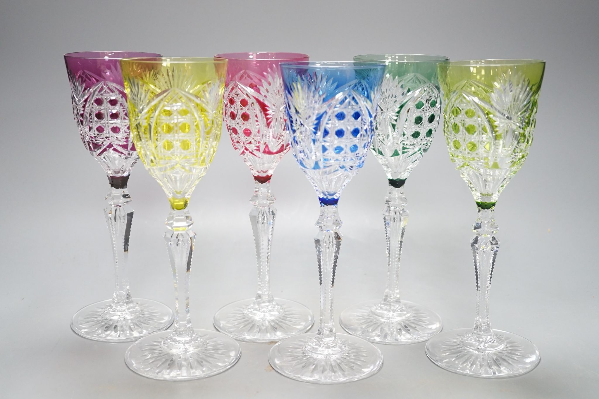 A harlequin set of 6 Val St Lambert colour flashed hock glasses, engraved marks, 21 cm high